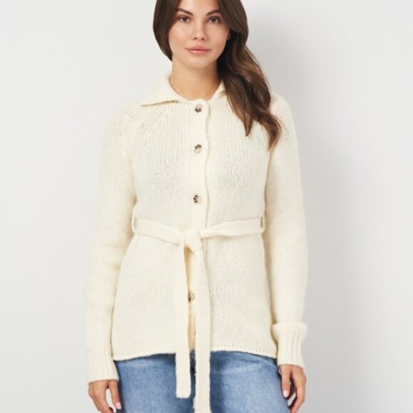 ZARA Ecru Lapel Collar Wool Blend Knit Belted Cardigan sz L - Picture 2 of 11